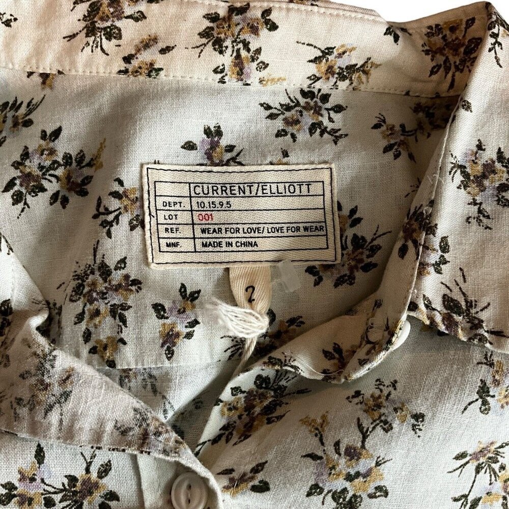 NWT Current Elliott Size 2 Floral Shirt Ivory Green Long Sleeve Linen Blend - Picture 8 of 13